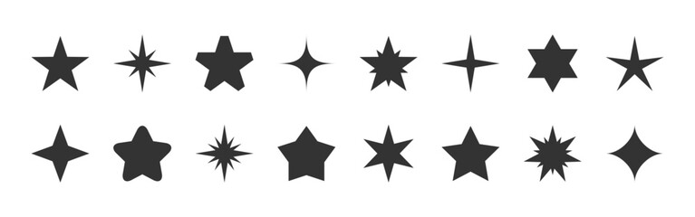 Black star flat set. Various sparkle glow, sharp edged abstract stars gleam. Shimmer bold outline spiky rays. Five point beam burst, diamond shaped spark brilliance, jagged flash, ornate radiance