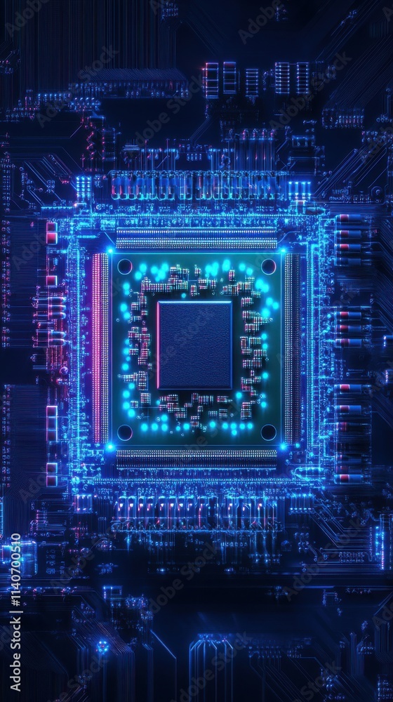 Aufkleber Intricate abstract representation of a microchip illuminated with vivid blue and purple lights