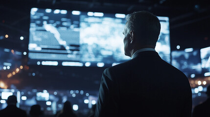 Businessman Analyzing Data on a Digital Screen : A man in a suit looking at a high-tech display.