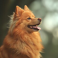 Naklejka premium A fluffy golden dog sitting serenely in a natural setting.