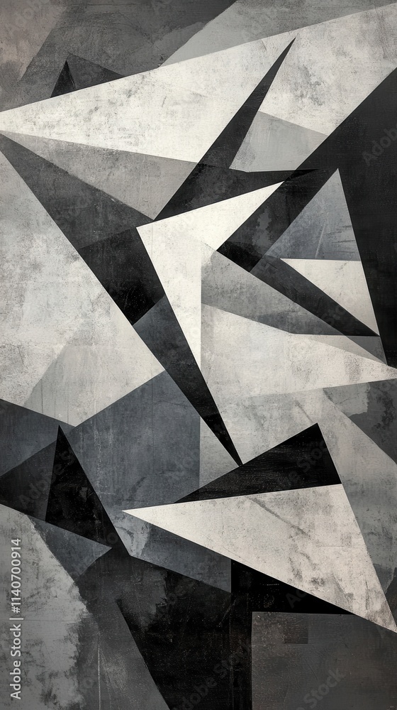 Poster Abstract composition of overlapping geometric shapes in monochrome shades highlighting contrast and depth