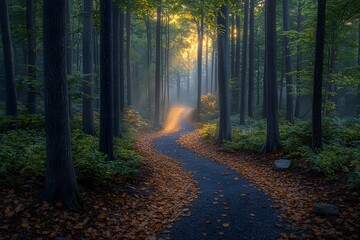 Fototapeta premium A serene path winding through a misty forest at sunrise, with golden light filtering through the trees, creating a tranquil and enchanting atmosphere.