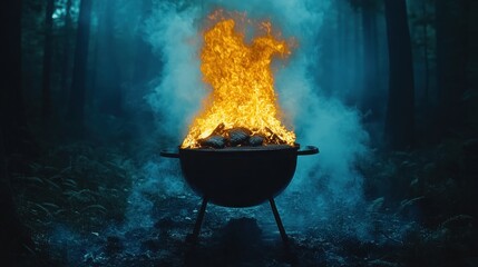 Campfire grill in dark forest with flames and smoke.