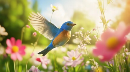 Vibrant Blue Bird Flying Amidst Colorful Spring Flowers in Bloom