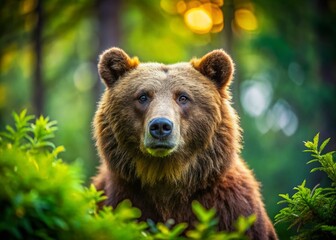 Fototapeta premium Stunning Bokeh Brown Bear Photography, Wildlife Photo, Nature Image, Bear Portrait, Alaskan Brown Bear, Grizzly Bear, Forest Animal, Close-up Bear, Wild Bear, Bokeh Background, Nature Photography
