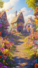 Fototapeta premium Whimsical village with vibrant cottages and colorful flowers in a sunlit pathway