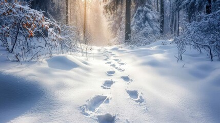 Snow-covered trail leading through a quiet forest with footprints in the snow