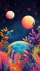 Whimsical planet surrounded by colorful foliage and celestial bodies in a vibrant galaxy