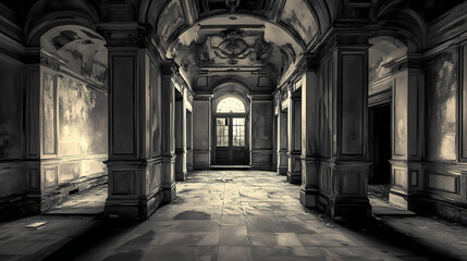 Fototapeta premium Decaying grandeur: a haunting view of an abandoned interior. Ashen. Illustration