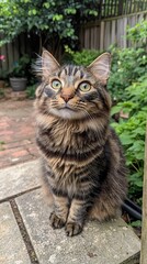 Obraz premium A fluffy tabby cat with bright green eyes sitting outdoors in a garden.