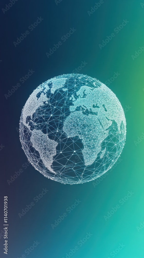 Poster wireframe globe design showcasing interconnected continents with a gradient background
