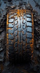 A close-up of a muddy tire resting on wet ground, highlighting its tread and texture.