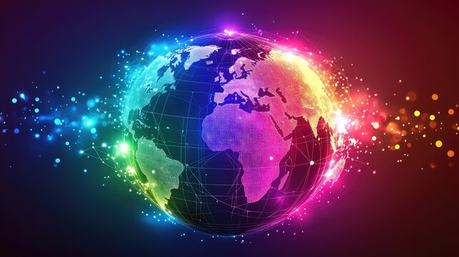 A visual of interconnected continents over a glowing 3D globe, showing global trade relations, cyberpunk aesthetics, radiant neon colors