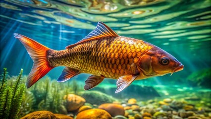 Fototapeta premium Stunning Brown Koi Fish High Resolution Image, Deep Depth of Field Photography, Aquatic Life, Pond Fish, Japanese Koi, Brown Koi Carp