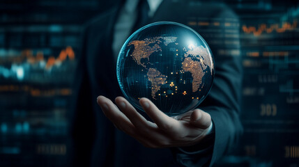 Glowing Earth in Hand: A person in a suit holding a glowing Earth
