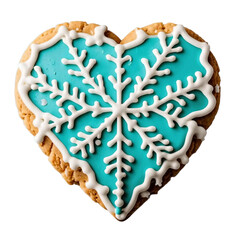 Heart-shaped Christmas cookie with intricate snowflake icing design isolated on transparent background