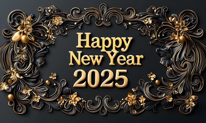 Elegant Black and Gold Floral New Year 2025 Greeting Design