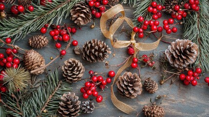 Flat lay of festive holiday gifts pinecones red berries and golden ribbons on a wooden background