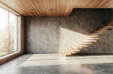 A large room with a staircase and a window