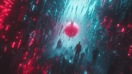 A futuristic digital landscape with vibrant colors and silhouetted figures.