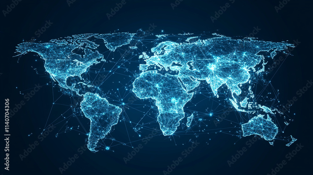 Wall mural map world animated connections and data streams global business infrastructure technology abstract b