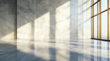 Modern interior with marble walls and natural light shadows.