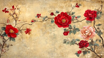 Floral artwork displaying vibrant red and pink flowers nature setting digital illustration aesthetic environment close-up view