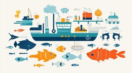 Obraz premium Colorful Marine Life and Ship Illustration for Nautical Themes