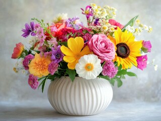 a bright bouquet of colorful flowers in a white vase