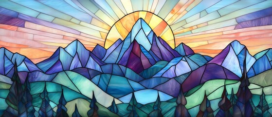 Stained glass mountains and sunrise landscape