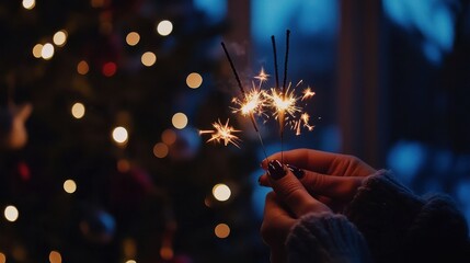 A close-up of hands holding sparklers glowing against a dark festive background