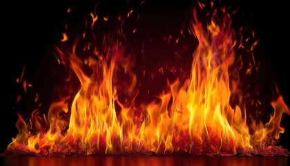 Realistic Fire Flames with Intense Orange and Red Glows on Black Background for Fireplace Visuals, Simulation Effects, Fire Safety Training, Digital Art Projects, or Cinematic Heat Ambience
