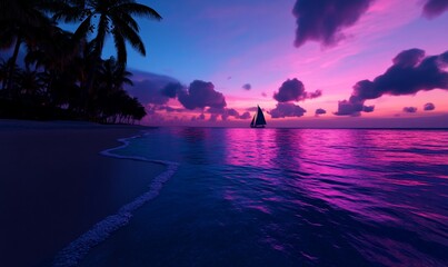 Vibrant sunset over tropical beach with sailboat.