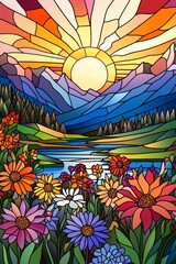 Stained glass sunrise over mountains and flowers