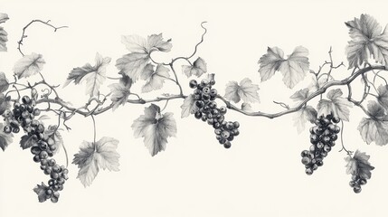 Fototapeta premium Hand-Drawn Black and White Illustration of Grapes and Leaves