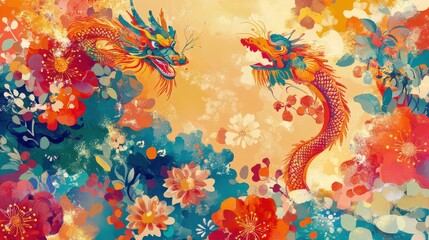 Vibrant Dragon Illustration Surrounded by Colorful Floral Patterns