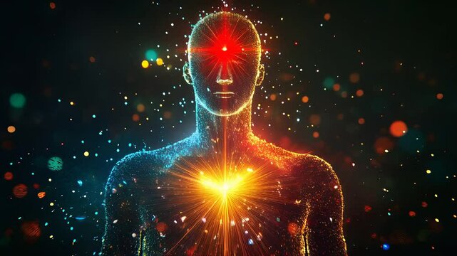 Human silhouette composed of colorful particles representing energy and light in a cosmic atmosphere