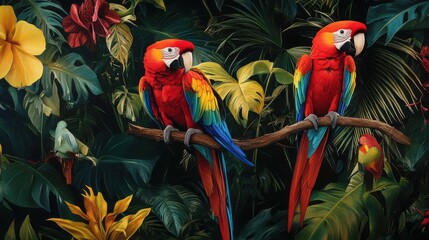 Fototapeta premium Vibrant Scarlet Macaws Perched in Tropical Lush Greenery