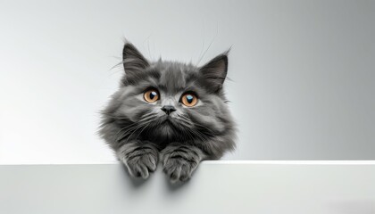 a gray fluffy little curious kitten peeking out from under a protruding wall on a white background