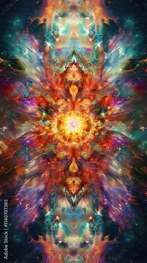Poster surreal representation of a vibrant supernova in a cosmic landscape filled with brilliant colors and