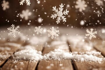 snowy Christmas background with blur effect with falling snowflakes on wood floor 