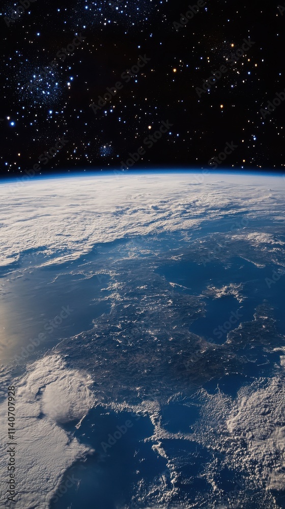 Poster captivating view of earth from space showcasing continents and clouds under a starry backdrop