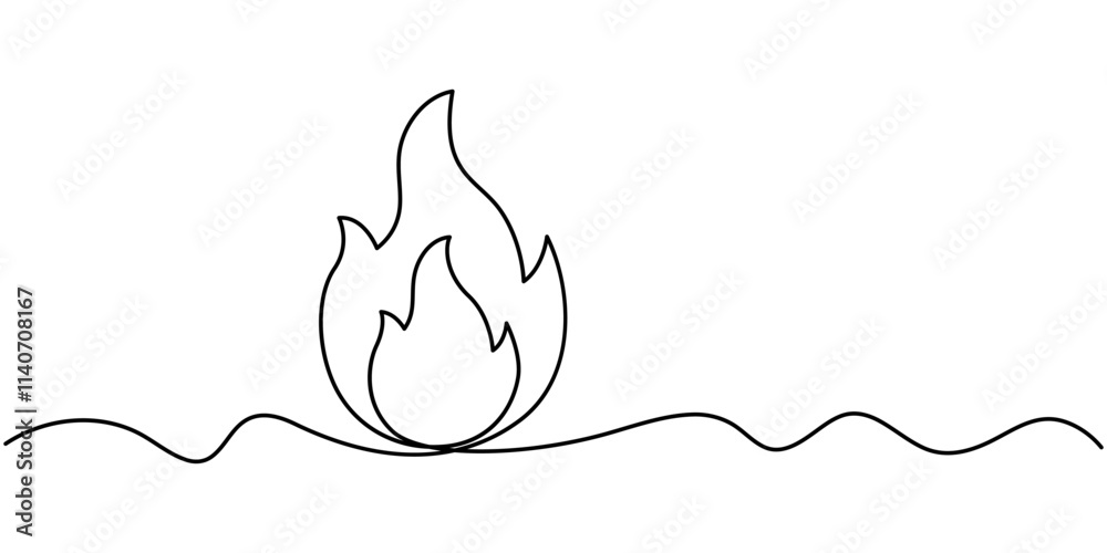 Poster continuous one line drawing fire art vector illustration of white background, continuous line drawin