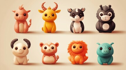 Obraz premium Cute and Colorful Cartoon Animals in Whimsical Style Display