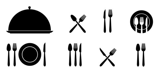 Tableware collection - dish, Fork, knife, spoon and plate set icons &ndash; Dinner service flatware, for apps and websites, food flyer &ndash; vector Illustration, PNG