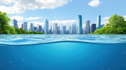 Obraz premium A vibrant city skyline reflected on tranquil water, showcasing a blend of nature and urban life under a clear blue sky.