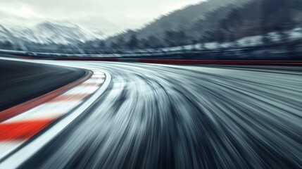 Obraz premium Dynamic view of a racetrack curve with motion blur, conveying a sense of speed and excitement.