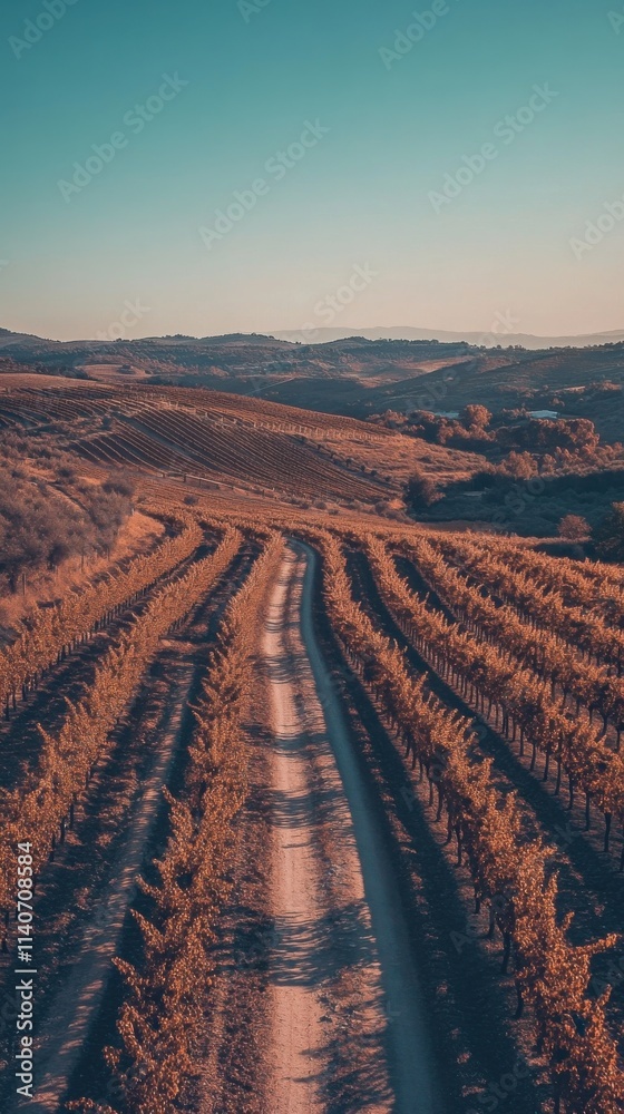 Poster vineyard landscape showcasing neat rows of grapevines and winding dirt path during golden hour in a 