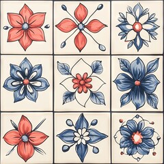 A grid of floral patterns in red, blue, and white, designed for decorative use.
