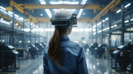 Obraz premium 3D Factory: Female Engineer with Augmented Reality Models in CNC Workshop